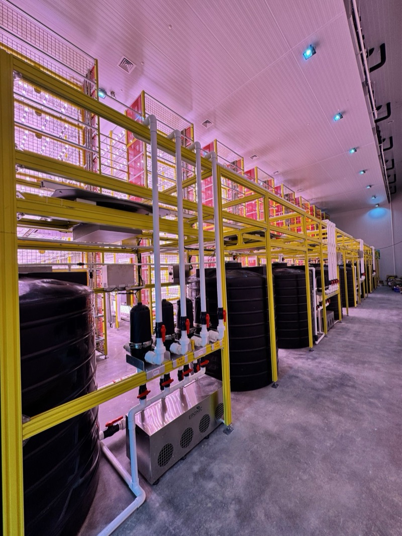 Back-of-rack infrastructure showing nutrient tanks, controls, and safety equipment