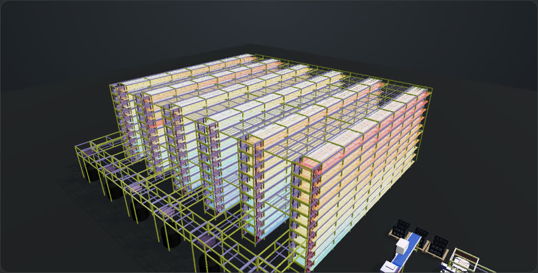 3D digital twin of a six-rack AGEYE farm, shelves colored by temperature